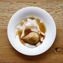 Caramelized pan-fried Eden Gold pear with spiced cream