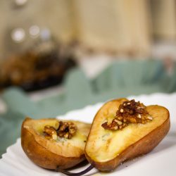 Honey-roasted Eden Gold pear halves with walnuts and Gorgonzola