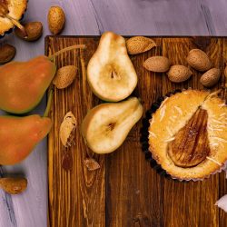 Eden Gold pear and almond frangipane tart with blushed Eden Gold pears